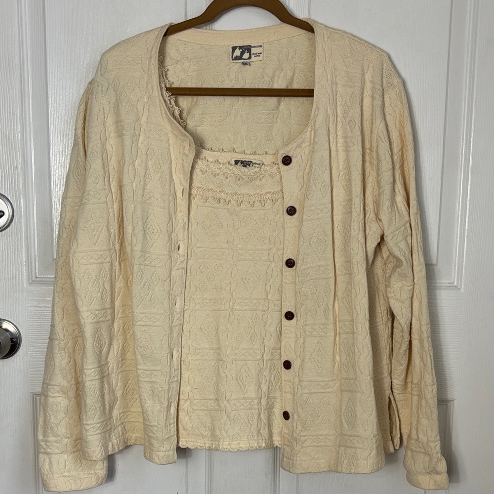 SEÑORA CABALLERO Peruvian Cotton Cream Textured Knit Cardigan Tank Set size XXL